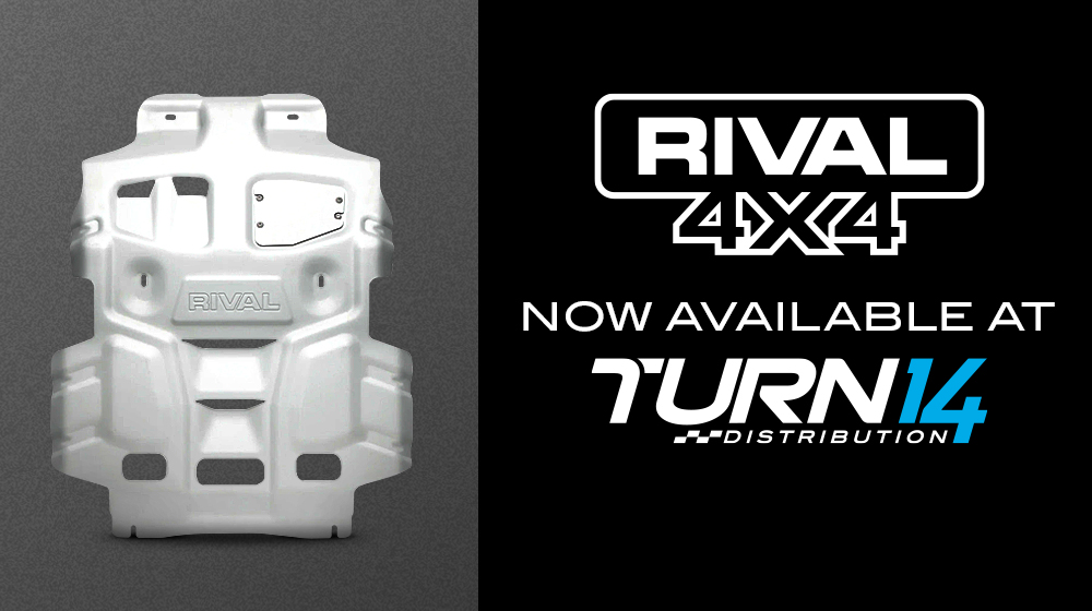 Rival 4x4 and Turn 14 logos next to photo of truck skid plate