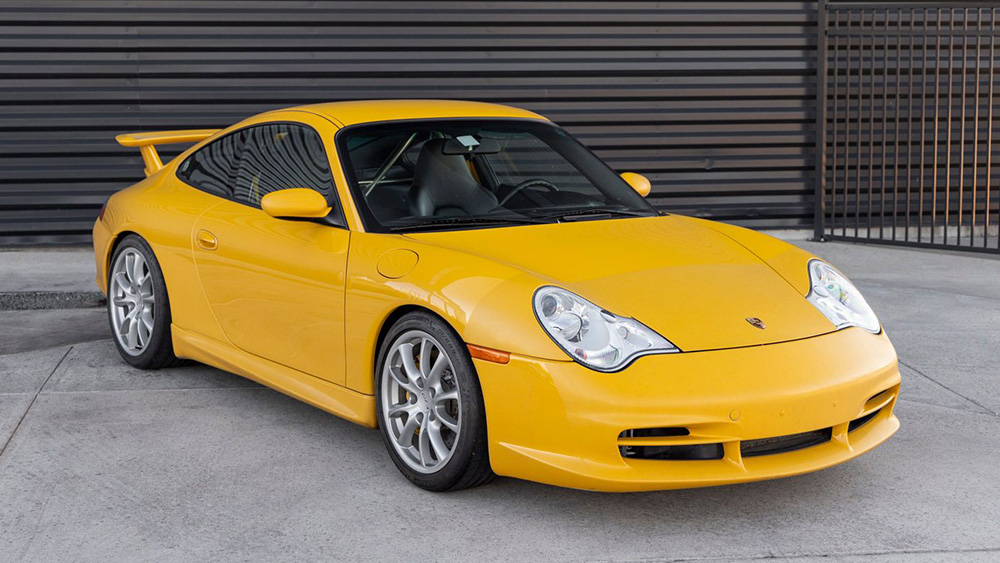 Speed Yellow 2004 911 GT3 parked in front of garage