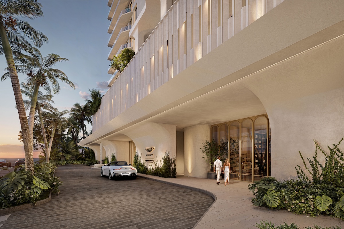 aston martin residences daytona building rendering couple at main entrance exterior