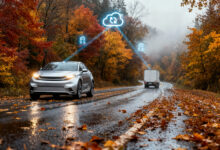 vehicles on wet road with Bosch Visual slippery alert