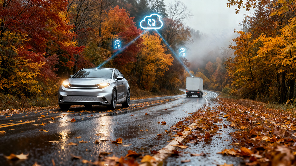 vehicles on wet road with Bosch Visual slippery alert