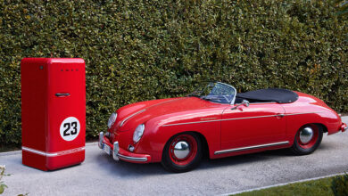 Classic Porsche and SMEG refrigerator on driveway