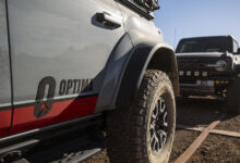 Closeup of OPTIMA Batteries logo on door of Ford Raptor