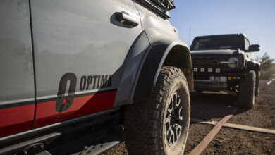 Closeup of OPTIMA Batteries logo on door of Ford Raptor