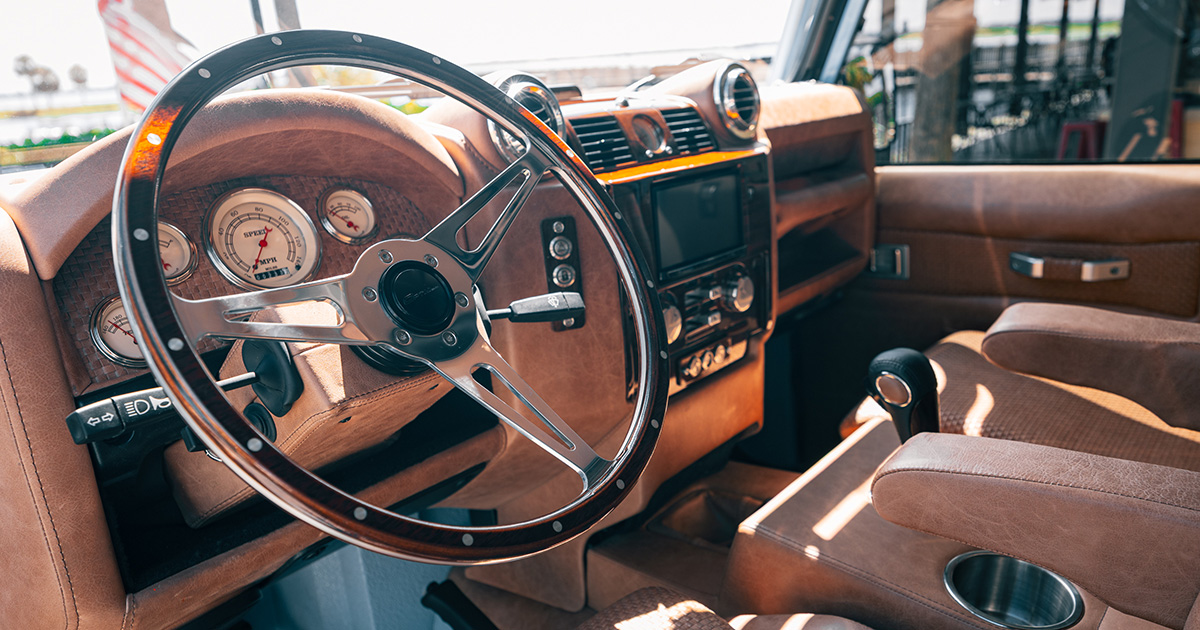 Lotus Baby Blue Land Rover Defender 110 interior