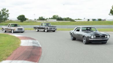 pro-touring ridetech full-size trucks chase camaro around curve of track