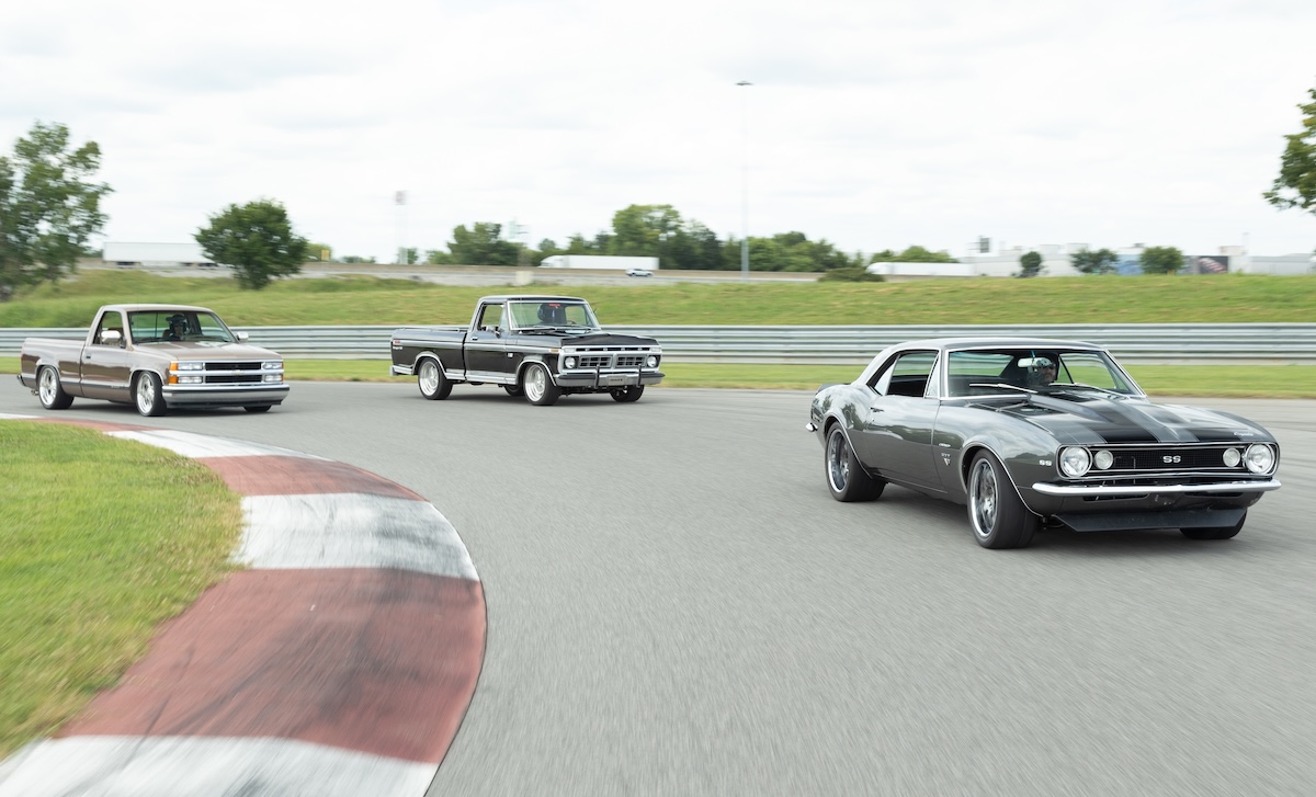 pro-touring ridetech full-size trucks chase camaro around curve of track