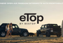 Two Jeeps parked at beach with eTop logo