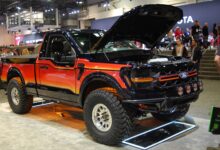 sema show 2025 lifted black, orange and red Ford lifted pickup in central hall