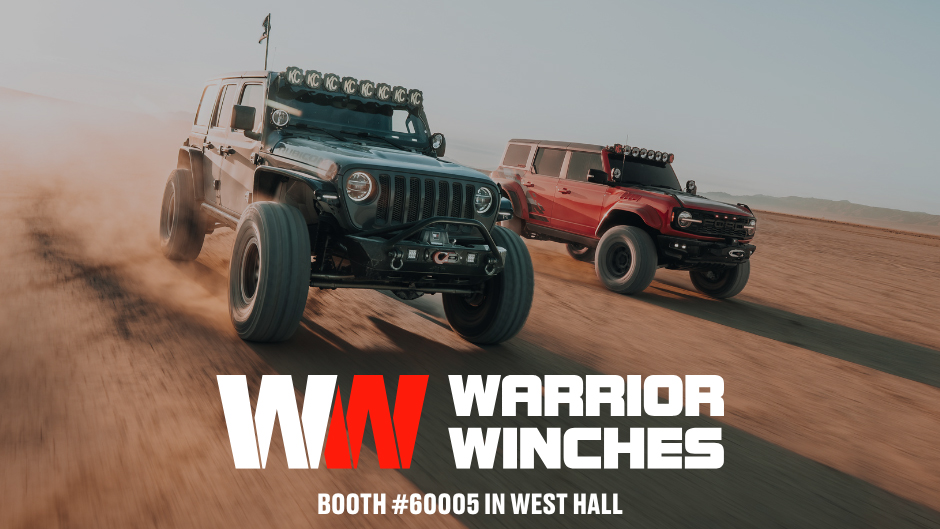 Two Jeeps in dunes with Warrior Winches Logo