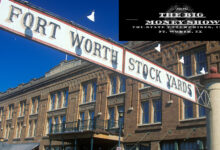 Banner at the Fort Worth Stock Yards with historic hotel, Ft. Worth, TX