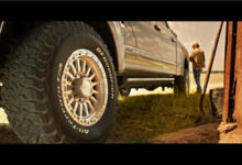 Close-up of Goodyear tire on truck in Landman scene