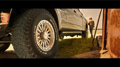 Close-up of Goodyear tire on truck in Landman scene