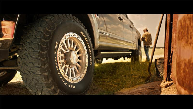 Close-up of Goodyear tire on truck in Landman scene