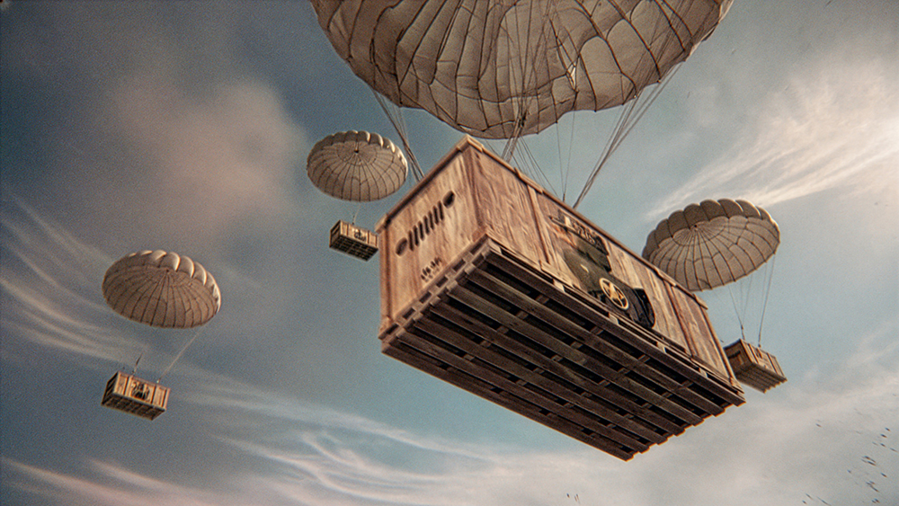 Jeep Wrangler crates drifting down on parachutes