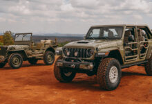 FOX Factory Jeep Wrangler Commando parked next to classic military Jeep