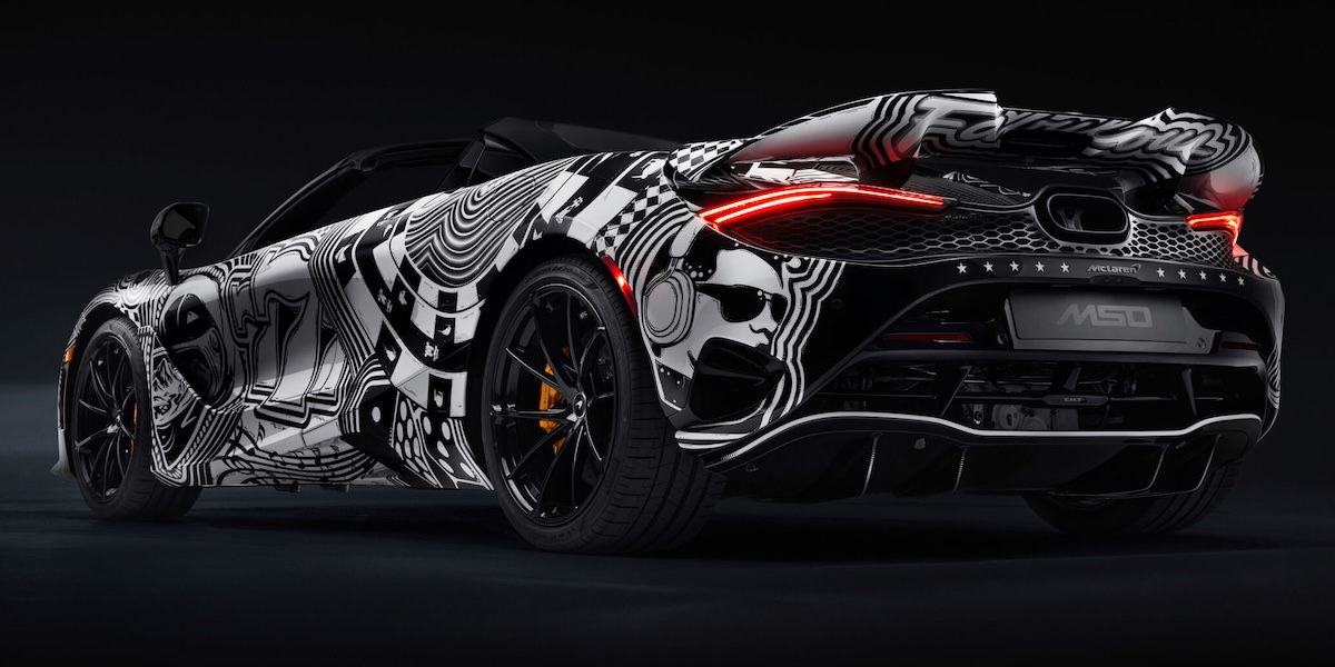 mclaren project viva car with black and white graphics rear quarter view