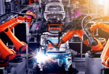 The factory floor of automobile production is producing cars