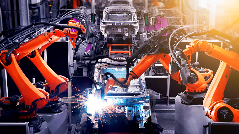 The factory floor of automobile production is producing cars