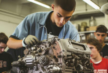 Young boy learns how to fix an engine. Student apprentice learns
