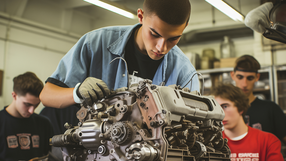 Young boy learns how to fix an engine. Student apprentice learns