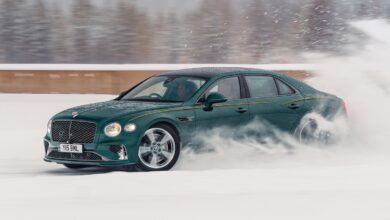 bentley flying spur speed drifts on snowy track in sweden