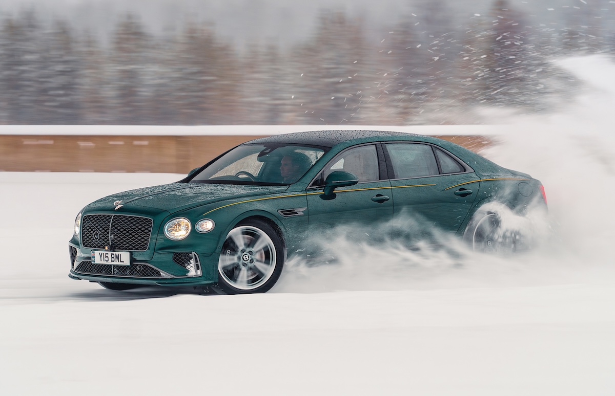 bentley flying spur speed drifts on snowy track in sweden