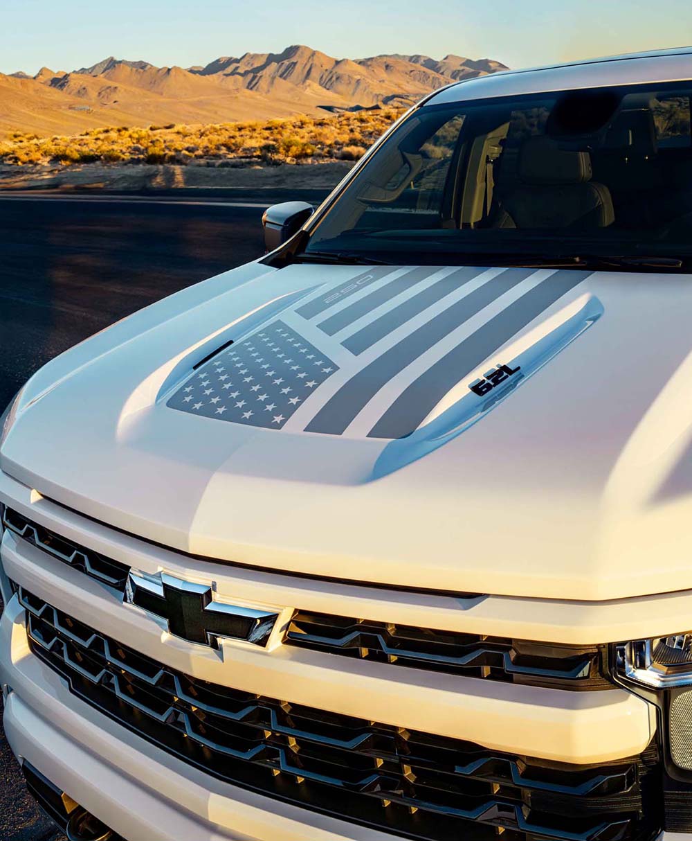 Close-up view of the hood decal on the 2026 Silverado Stars & Steel Special Edition.