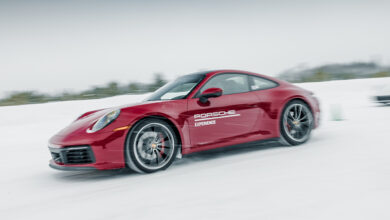 Red Porsche driving in Porsche Ice Experience
