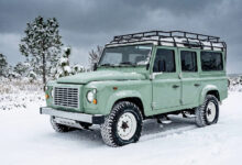 ECD Heritage Line Defender driving through snow