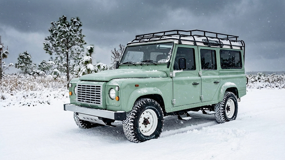 ECD Heritage Line Defender driving through snow