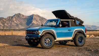 Ford Bronco with Bestop eTop parked in front of mountains