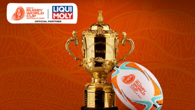 Rugby World Cup trophy and ball