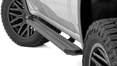 steps rough country black board on white vehicle