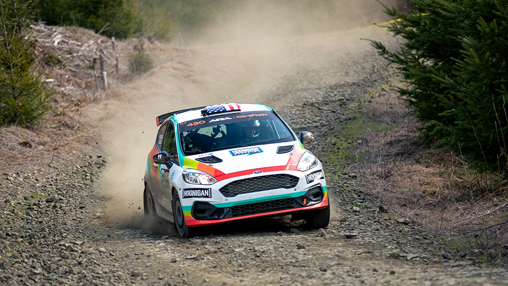 A Ford Fiesta Rally three tackling a round of the American Rally Association (ARA)