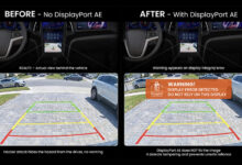 Simulated display tampering scenario in a vehicle cockpit, highlighting the role of the DisplayPort Automotive Extension (DP AE) specification in detecting integrity errors.