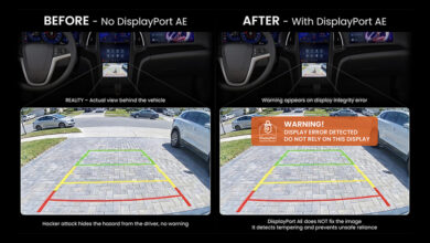 Simulated display tampering scenario in a vehicle cockpit, highlighting the role of the DisplayPort Automotive Extension (DP AE) specification in detecting integrity errors.