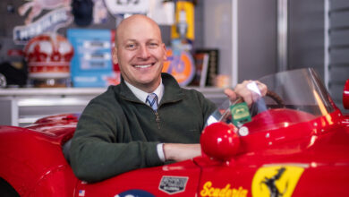 Vince Finaldi in his 1954 Ferrari 500 Mondial Pinin Farina Spyder, which was campaigned in the 1954 Mille Milla by Scuderia Ferrari (placing 15th overall and 5th in class) and also participated in the 2012 Pebble Beach Concours d’Elegance.