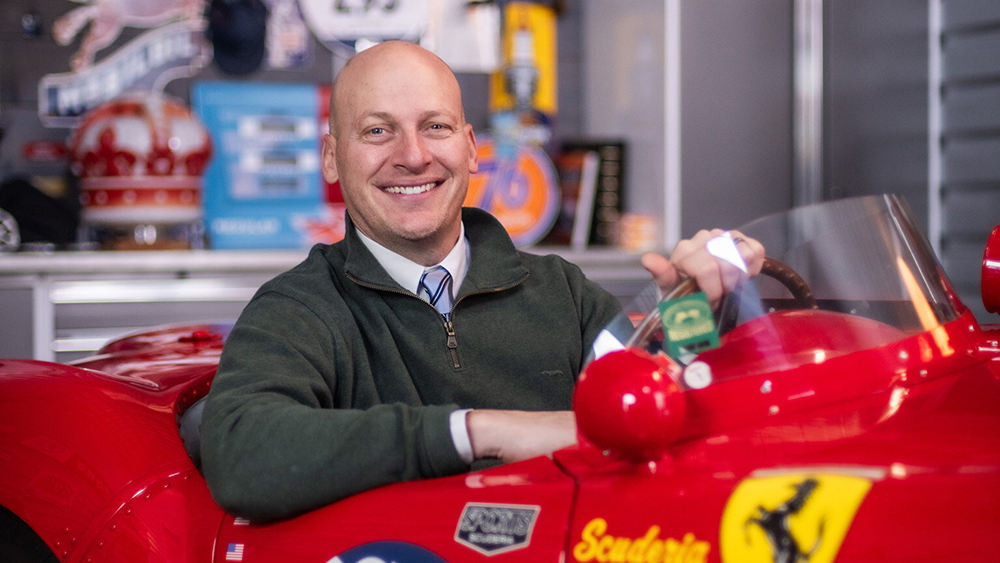 Vince Finaldi in his 1954 Ferrari 500 Mondial Pinin Farina Spyder, which was campaigned in the 1954 Mille Milla by Scuderia Ferrari (placing 15th overall and 5th in class) and also participated in the 2012 Pebble Beach Concours d’Elegance.