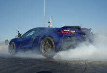 Corvette ZR1X generating tire smoke at drag strip. Preproduction