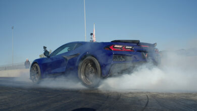 Corvette ZR1X generating tire smoke at drag strip. Preproduction