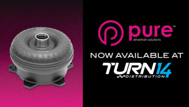 Turn 14 Distribution and Pure Drivetrain Solutions logos.