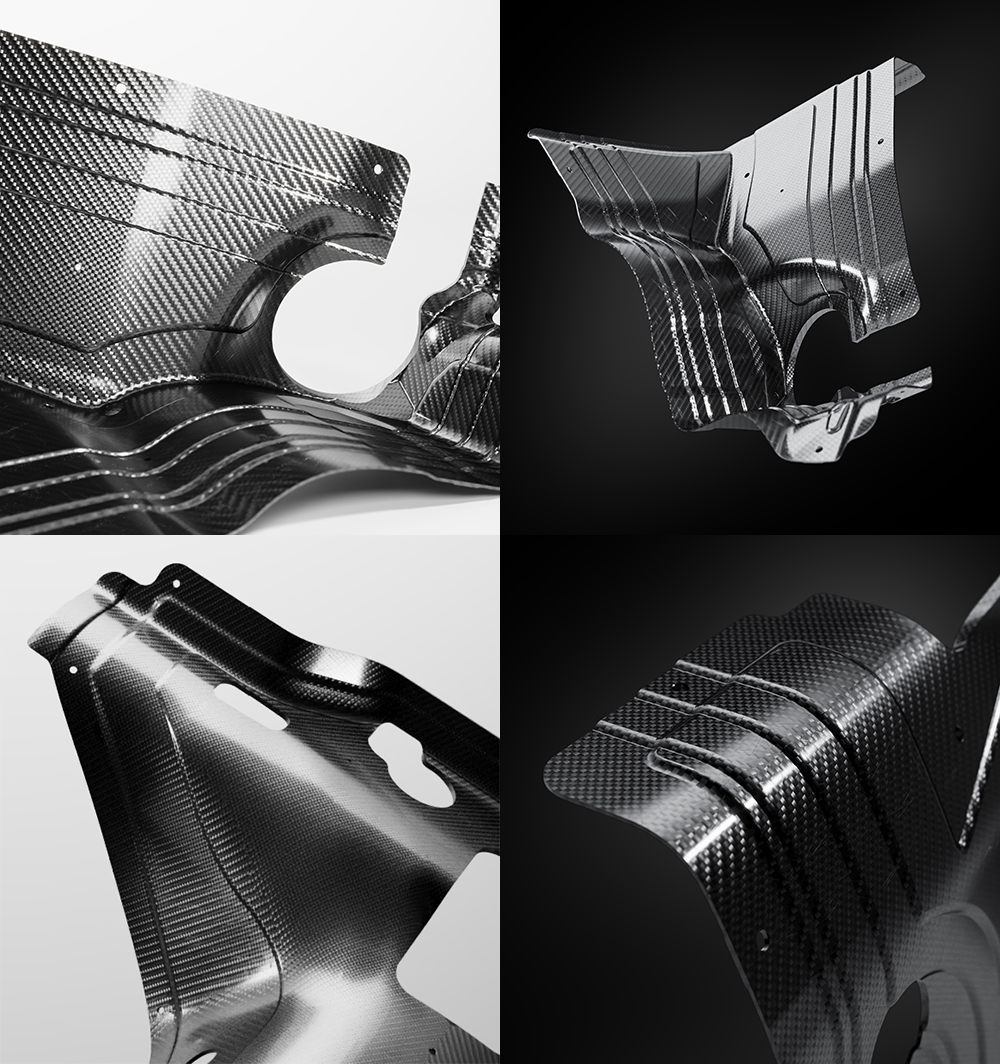 Four examples of the 13 carbon-fiber reinforcement elements used to improve torsional rigidity in the restoration of the Type 964 chassis.