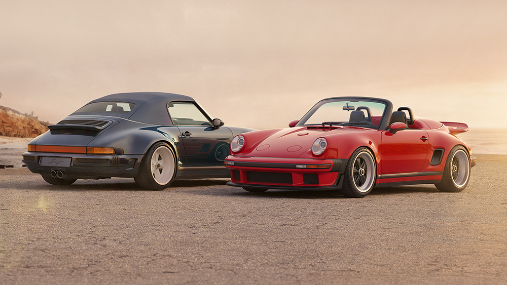 Blue and Red Singer Porsche 911 Carrera Cabriolets parked on beach