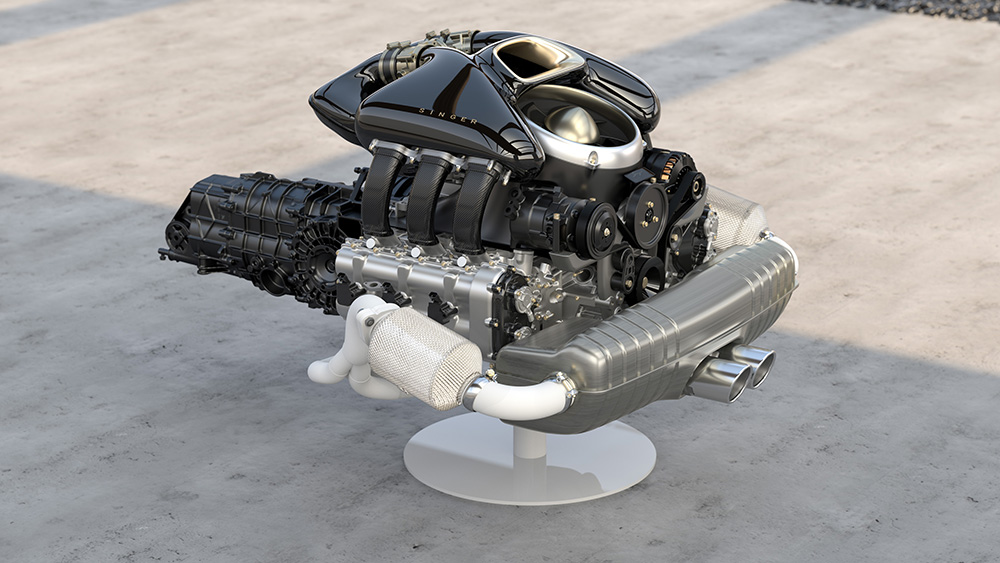 Singer Porsche 911 Carrera Cabriolet engine on pavement