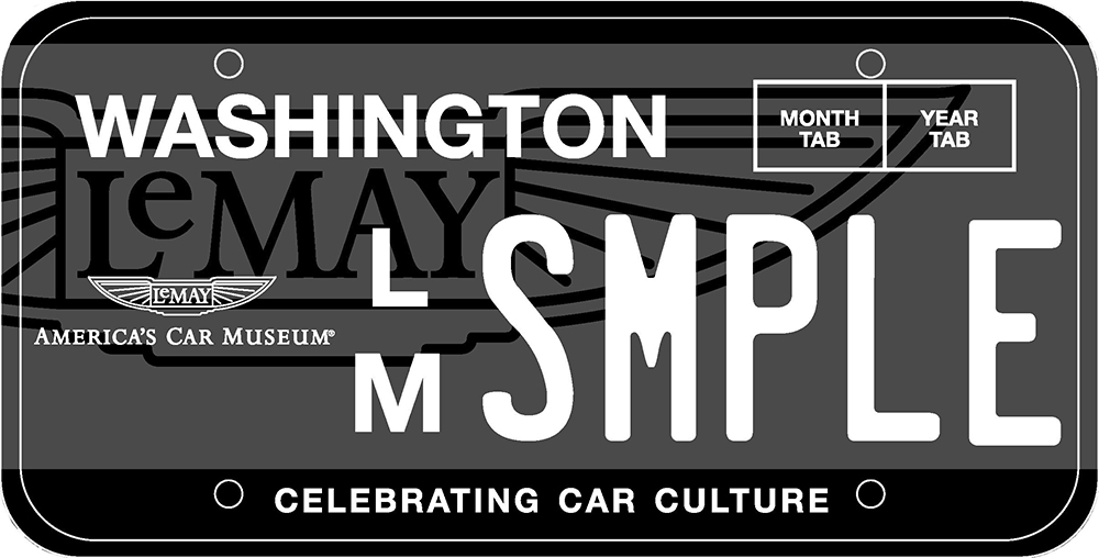 The approved design for LeMay – America's Car Museum's custom license plate that is now available in the state of Washington through the DOL.