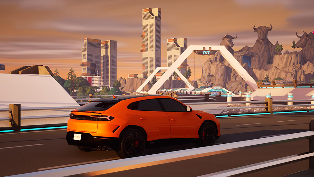 Automobili Lamborghini vehicle on bridge in Fortnite