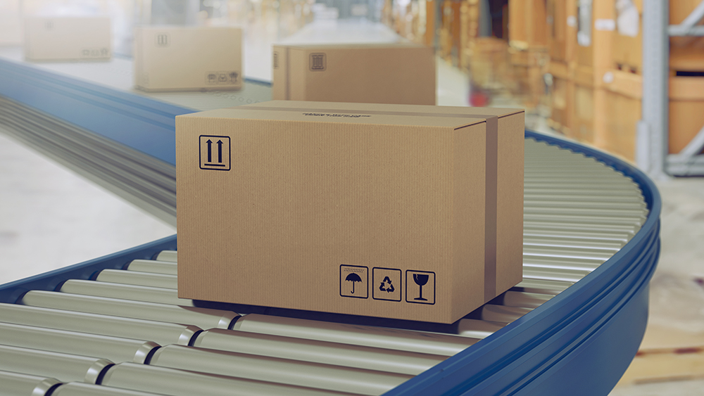 Cardboard boxes on conveyor rollers ready to be shipped by courier for distribution.