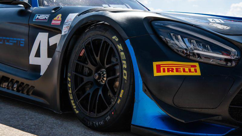 Closeup of Treffert AMG Pirelli on race car