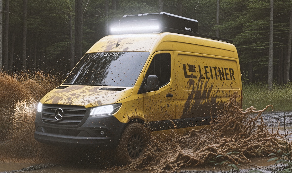 off-road racks leitner designs black roof rack on yellow mercedes Benz overland van in mud